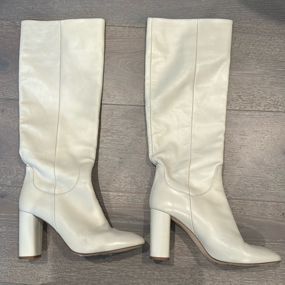 Ivory Leather Knee High Boots